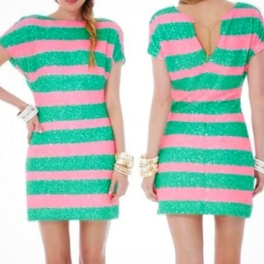 Lilly Pulitzer AMES Pink and Green Striped Sequin Dress - Picture 3 of 3